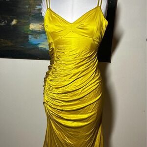 Bebe Chartreuse satin ruched midi dress green yellow Spring Wedding Guest Dress